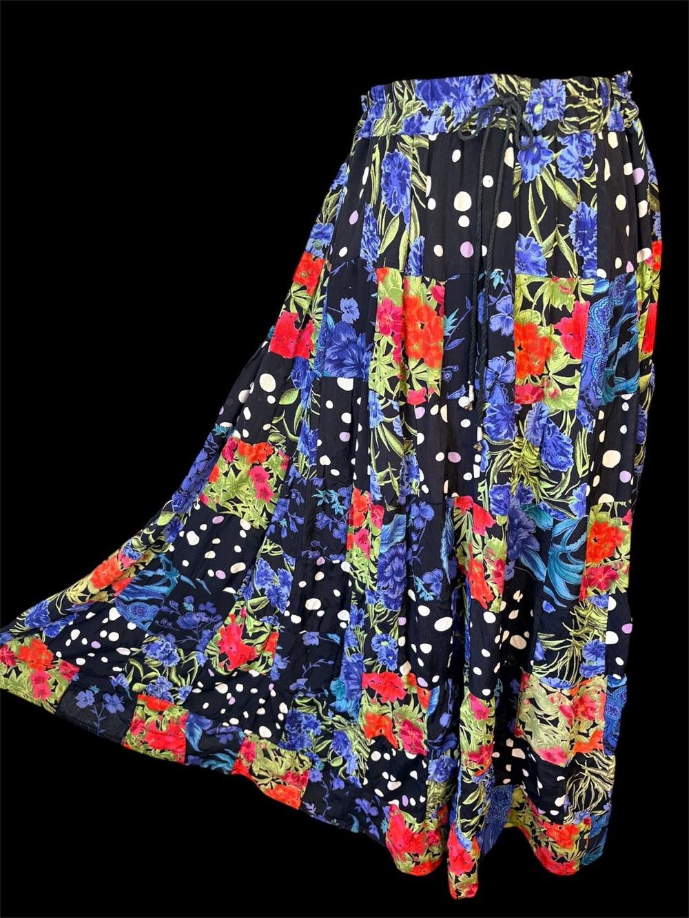 Vintage Bohemian Boho Cottagecore Hippie Tiered Patchwork Maxi Skirt - One Size